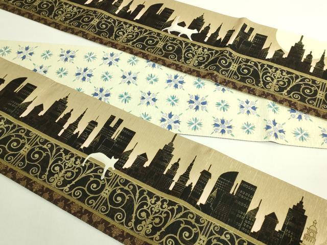 平和屋着物●極上　両面　半幅帯　WAKKA　ワッカ　猫　三日月　網目花文　アーバンキャット　逸品　DZAB6026kh6