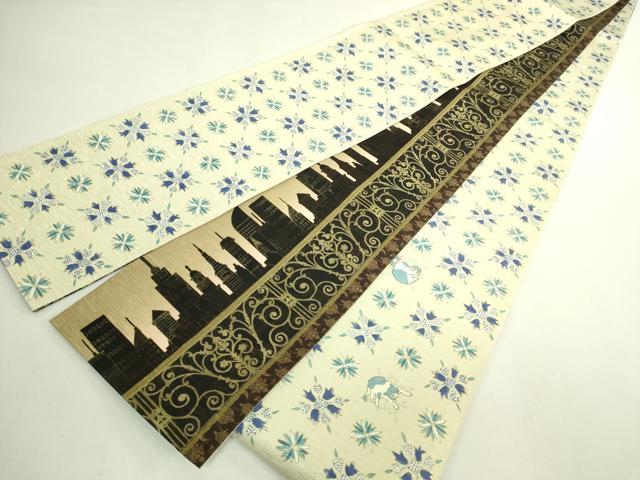 平和屋着物●極上　両面　半幅帯　WAKKA　ワッカ　猫　三日月　網目花文　アーバンキャット　逸品　DZAB6026kh6