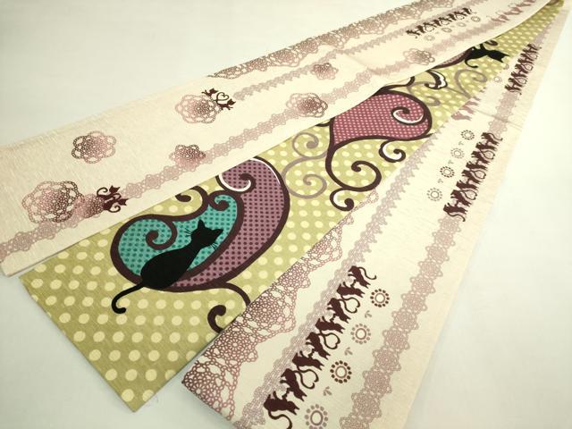 平和屋着物●極上　両面　半幅帯　WAKKA　ワッカ　猫　唐草文　逸品　DZAB6029kh6