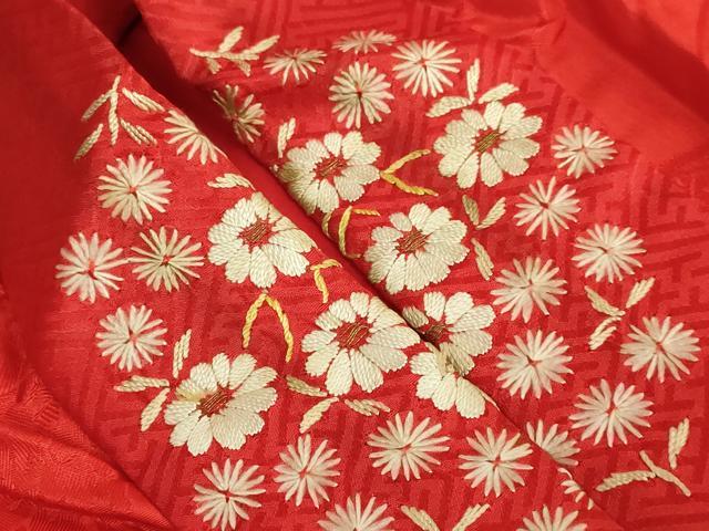 平和屋着物●アンティーク　大正ロマン　長襦袢　袷　花丸地紋　半衿刺繍　逸品　DZAB6032kh6