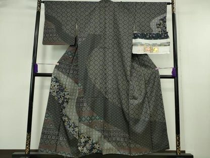 平和屋着物●極上　本場縞大島紬　染大島　訪問着　名物裂　舞花文　堀之内織物謹製　証紙付き　逸品　未使用　DZAB6062kh6