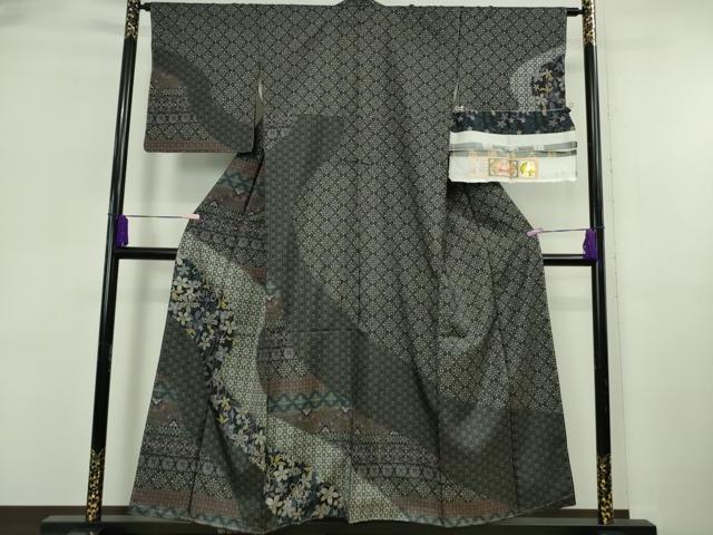 平和屋着物●極上　本場縞大島紬　染大島　訪問着　名物裂　舞花文　堀之内織物謹製　証紙付き　逸品　未使用　DZAB6062kh6