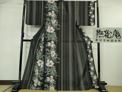 平和屋着物＊極上 夏物 撫松庵 セオアルファ 訪問着 草花文 黒地 洗える着物 逸品 DZAB6069kh6