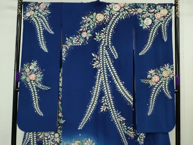 平和屋本店●極上　越後十日町の一流染匠　桐屋・翠山工房　振袖　辻が花　紺青色地　暈し染め　逸品　DZAB6070kh6