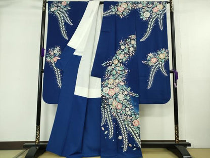 平和屋本店●極上　越後十日町の一流染匠　桐屋・翠山工房　振袖　辻が花　紺青色地　暈し染め　逸品　DZAB6070kh6