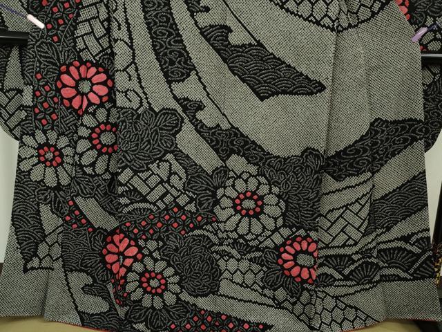 平和屋本店●極上　振袖・長襦袢(無双仕立て)セット　総絞り　束ね熨斗花文　黒地　逸品　DZAB6071kh6