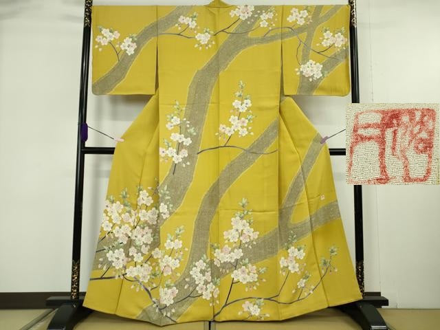 平和屋本店●極上　京友禅作家　池内路一　訪問着　枝桜　緑黄色地　逸品　DZAB6077kh6