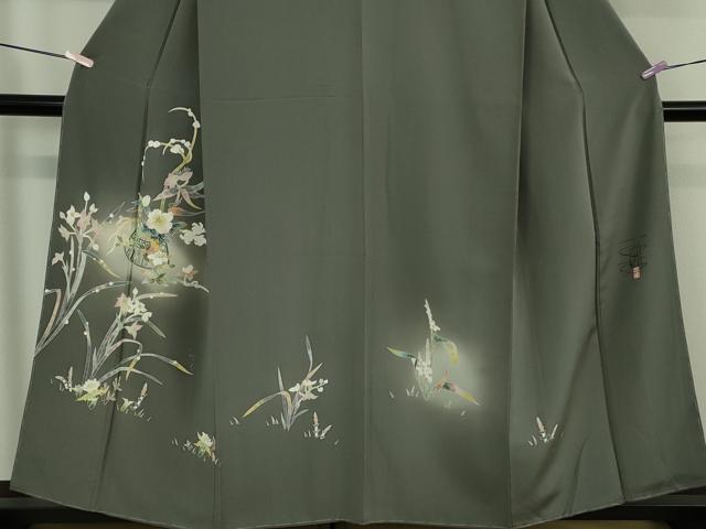 平和屋着物●極上　京加賀友禅　百貫石峰　訪問着　花篭　土筆　墨色地　暈し染め　反端付き　逸品　未使用　DZAB6081kh6