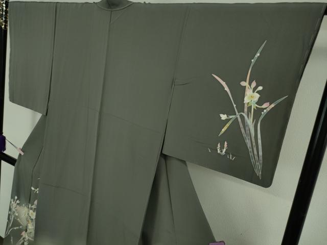 平和屋着物●極上　京加賀友禅　百貫石峰　訪問着　花篭　土筆　墨色地　暈し染め　反端付き　逸品　未使用　DZAB6081kh6