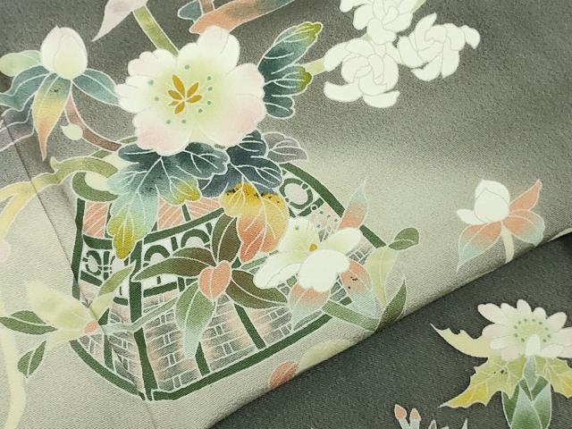 平和屋着物●極上　京加賀友禅　百貫石峰　訪問着　花篭　土筆　墨色地　暈し染め　反端付き　逸品　未使用　DZAB6081kh6