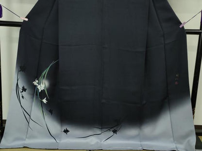 平和屋着物●極上　京の匠日展作家　丹下雄介　訪問着　草花　藍鉄色地　暈し染め　やまと誂製　ロング丈　逸品　DZAB6083kh6