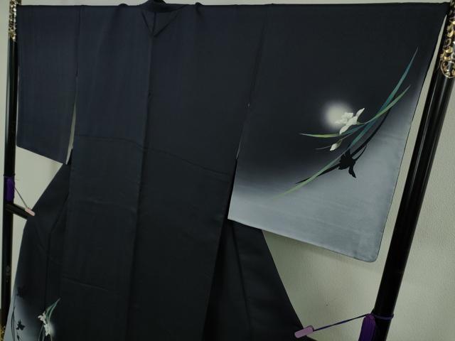 平和屋着物●極上　京の匠日展作家　丹下雄介　訪問着　草花　藍鉄色地　暈し染め　やまと誂製　ロング丈　逸品　DZAB6083kh6