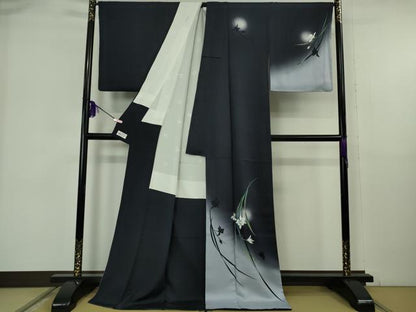 平和屋着物●極上　京の匠日展作家　丹下雄介　訪問着　草花　藍鉄色地　暈し染め　やまと誂製　ロング丈　逸品　DZAB6083kh6