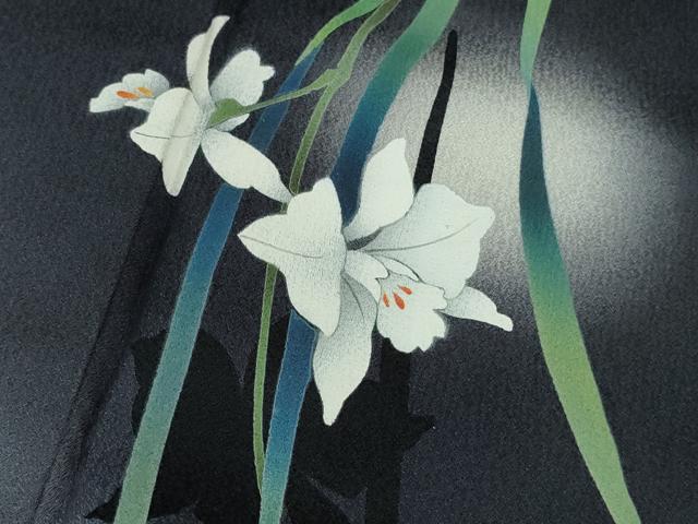 平和屋着物●極上　京の匠日展作家　丹下雄介　訪問着　草花　藍鉄色地　暈し染め　やまと誂製　ロング丈　逸品　DZAB6083kh6