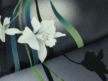 平和屋着物●極上　京の匠日展作家　丹下雄介　訪問着　草花　藍鉄色地　暈し染め　やまと誂製　ロング丈　逸品　DZAB6083kh6