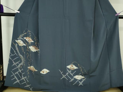 平和屋着物●極上　洗える最高級着物　＜英＞はなぶさ謹製　訪問着　枝垂れ柳吉祥花文　鉄御納戸色地　金彩　逸品　DZAB6085kh6