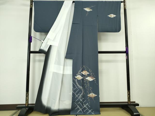 平和屋着物●極上　洗える最高級着物　＜英＞はなぶさ謹製　訪問着　枝垂れ柳吉祥花文　鉄御納戸色地　金彩　逸品　DZAB6085kh6