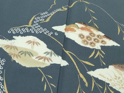 平和屋着物●極上　洗える最高級着物　＜英＞はなぶさ謹製　訪問着　枝垂れ柳吉祥花文　鉄御納戸色地　金彩　逸品　DZAB6085kh6