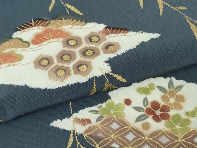 平和屋着物●極上　洗える最高級着物　＜英＞はなぶさ謹製　訪問着　枝垂れ柳吉祥花文　鉄御納戸色地　金彩　逸品　DZAB6085kh6