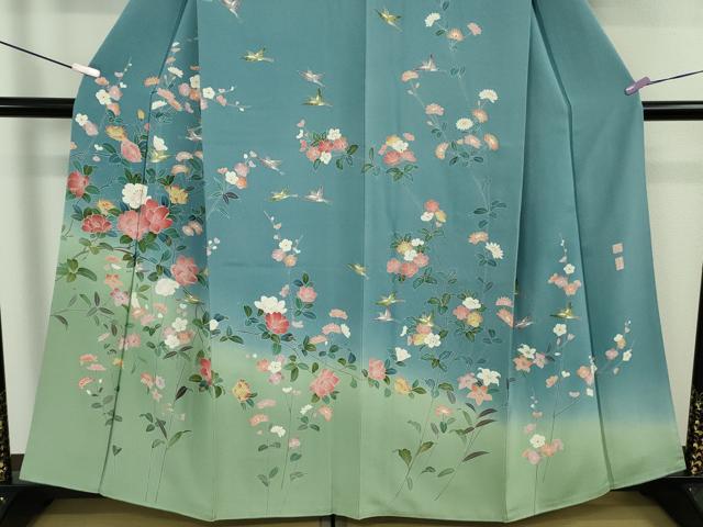 平和屋本店●極上　京加賀友禅　百貫達雄　訪問着　花鳥文　濃い勿忘草色地　暈し染め　逸品　DZAB6086kh6