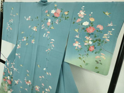 平和屋本店●極上　京加賀友禅　百貫達雄　訪問着　花鳥文　濃い勿忘草色地　暈し染め　逸品　DZAB6086kh6