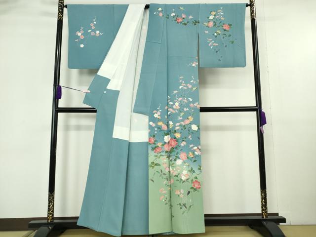 平和屋本店●極上　京加賀友禅　百貫達雄　訪問着　花鳥文　濃い勿忘草色地　暈し染め　逸品　DZAB6086kh6