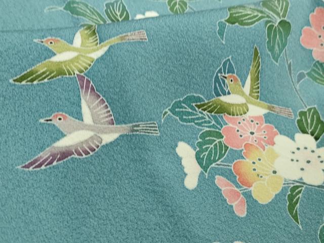 平和屋本店●極上　京加賀友禅　百貫達雄　訪問着　花鳥文　濃い勿忘草色地　暈し染め　逸品　DZAB6086kh6