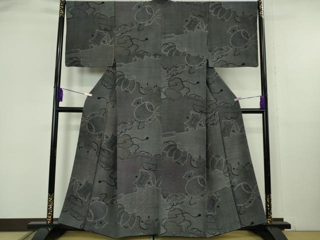 平和屋本店●極上　江戸小紋　訪問着　京友禅　宝尽くし　鮫小紋柄　行儀　角通し　黒地　反端付き　逸品　DZAB6089kh6