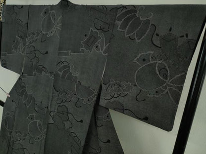 平和屋本店●極上　江戸小紋　訪問着　京友禅　宝尽くし　鮫小紋柄　行儀　角通し　黒地　反端付き　逸品　DZAB6089kh6