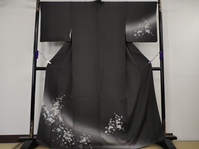 平和屋着物●極上　訪問着　柿しぶ染　天然繭糸御召　手描き　枝桜　蝉色地　金銀彩　反端付き　逸品　未使用　DZAB6091kh6