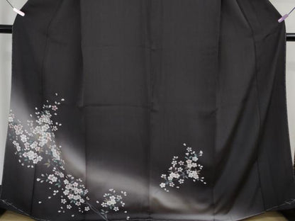 平和屋着物●極上　訪問着　柿しぶ染　天然繭糸御召　手描き　枝桜　蝉色地　金銀彩　反端付き　逸品　未使用　DZAB6091kh6