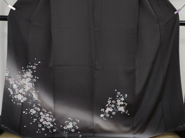 平和屋着物●極上　訪問着　柿しぶ染　天然繭糸御召　手描き　枝桜　蝉色地　金銀彩　反端付き　逸品　未使用　DZAB6091kh6
