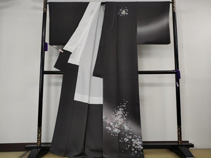平和屋着物●極上　訪問着　柿しぶ染　天然繭糸御召　手描き　枝桜　蝉色地　金銀彩　反端付き　逸品　未使用　DZAB6091kh6