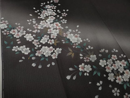 平和屋着物●極上　訪問着　柿しぶ染　天然繭糸御召　手描き　枝桜　蝉色地　金銀彩　反端付き　逸品　未使用　DZAB6091kh6