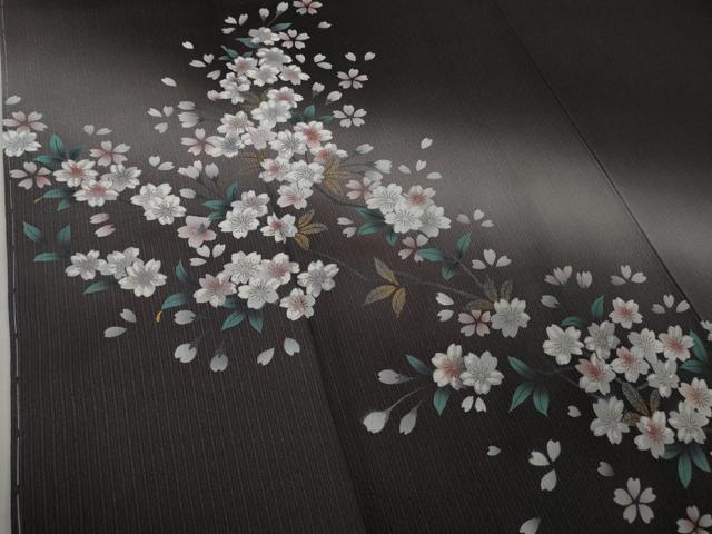 平和屋着物●極上　訪問着　柿しぶ染　天然繭糸御召　手描き　枝桜　蝉色地　金銀彩　反端付き　逸品　未使用　DZAB6091kh6