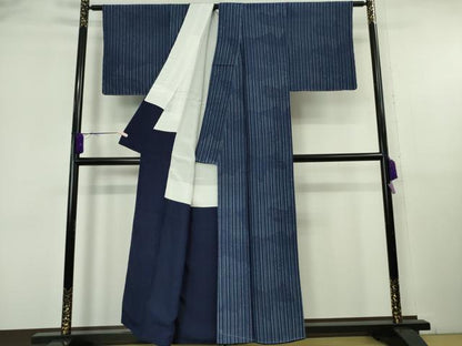 平和屋着物●極上　藍造り国選定無形文化財 藍師・佐藤昭人 藍染師・風間貴之 小紋　縞　寄せ小紋柄　証紙付き　逸品　未使用　DZAB6094kh6