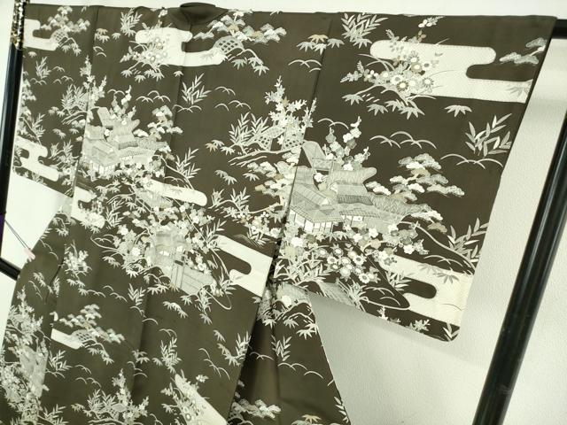 平和屋着物●極上　石川県指定無形文化財　牛首紬　白山工房　手織り　訪問着　御所解文　濃い海松茶色地　金彩　逸品　DZAB6097kh6