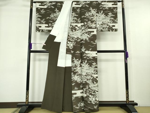 平和屋着物●極上　石川県指定無形文化財　牛首紬　白山工房　手織り　訪問着　御所解文　濃い海松茶色地　金彩　逸品　DZAB6097kh6