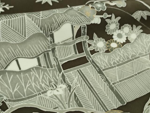 平和屋着物●極上　石川県指定無形文化財　牛首紬　白山工房　手織り　訪問着　御所解文　濃い海松茶色地　金彩　逸品　DZAB6097kh6