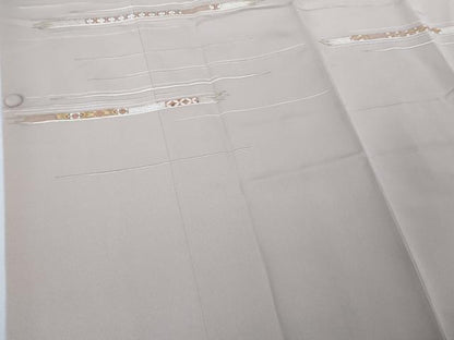 平和屋着物∞極上　道行コート　ロング丈　駒刺繍　横段花文　白茶色地　金彩　逸品　DZAB6114kh6