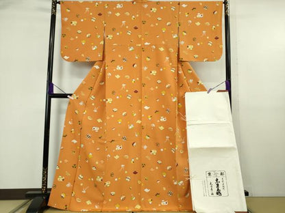 平和屋本店●極上　銀座　志ま亀　小紋　玩具文様　蜜柑色地　たとう紙付き　逸品　DZAB6116kh6