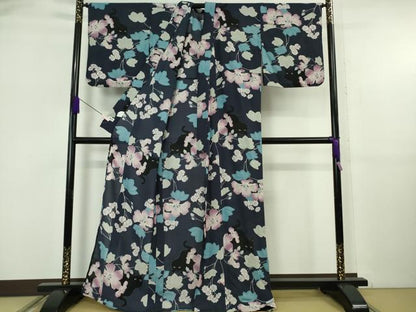 平和屋着物∴極上 撫松庵 セオアルファ 小紋・浴衣兼用 紅梅織 黒猫 草花 洗える着物 逸品 DZAB6117kh6