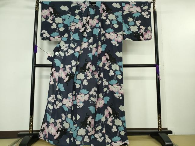平和屋着物∴極上 撫松庵 セオアルファ 小紋・浴衣兼用 紅梅織 黒猫 草花 洗える着物 逸品 DZAB6117kh6