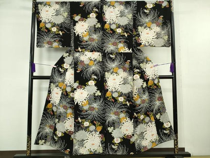 平和屋着物●極上　男性　小紋　キングサイズ　乱菊　黒地　金彩　鬼しぼ縮緬　逸品　DZAB6118kh6