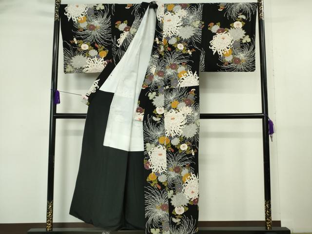 平和屋着物●極上　男性　小紋　キングサイズ　乱菊　黒地　金彩　鬼しぼ縮緬　逸品　DZAB6118kh6