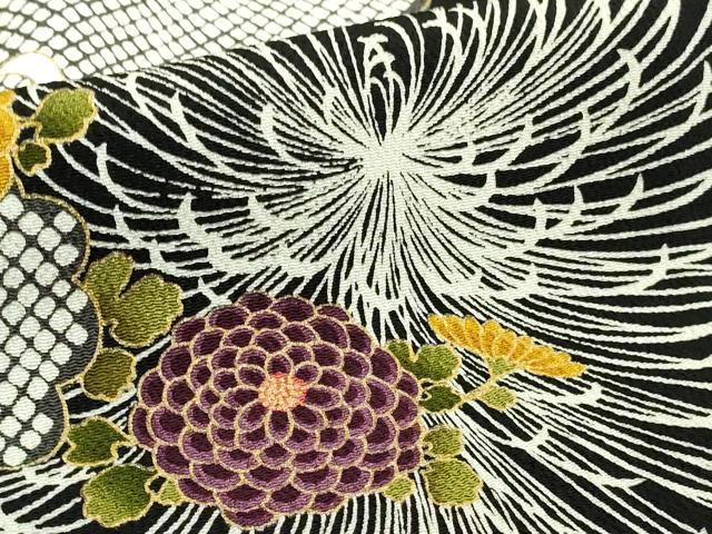 平和屋着物●極上　男性　小紋　キングサイズ　乱菊　黒地　金彩　鬼しぼ縮緬　逸品　DZAB6118kh6