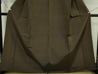 平和屋本店▽極上　本場黄八丈　黒八丈　紬　平織　単衣　縞　逸品　未使用　DZAB6128kh6