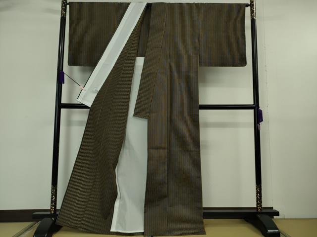 平和屋本店▽極上　本場黄八丈　黒八丈　紬　平織　単衣　縞　逸品　未使用　DZAB6128kh6