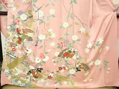平和屋本店●極上　創業460年・千總　振袖　駒刺繍　扇面吉祥花文　紅梅色地　金彩　逸品　DZAB6133kh6