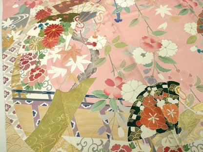 平和屋本店●極上　創業460年・千總　振袖　駒刺繍　扇面吉祥花文　紅梅色地　金彩　逸品　DZAB6133kh6